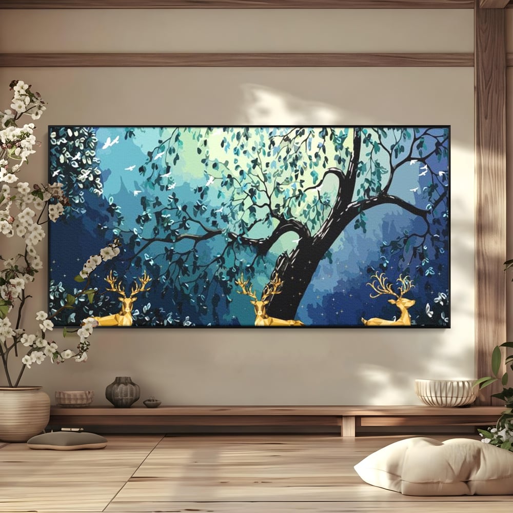 Tablou canvas cu tablou canvas cu cerbi aurii si padure nocturna, in rama de aluminiu negru